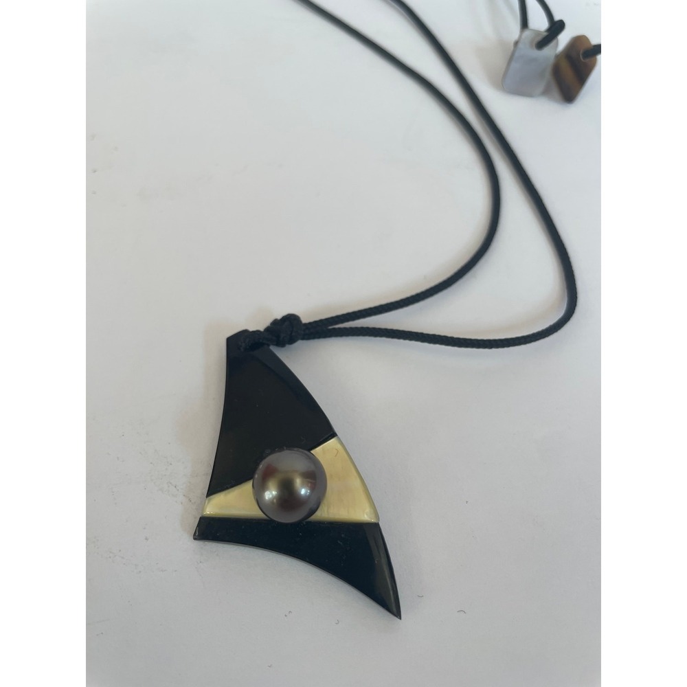 Modernist Abstract Necklace,‎ black with inlaid mother of pearl and metal ball